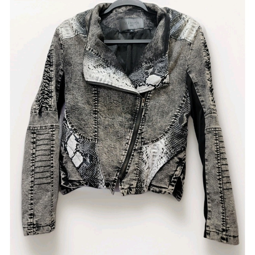 Comme USA Denim Stone Wash Black Distressed Moto Biker Jacket L Snake Skin Metal